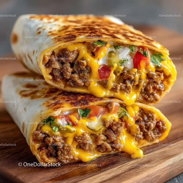 Burritos wołowe z warzywami i roztopionym serem na drewnianej desce