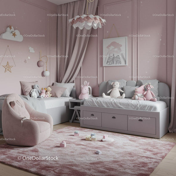 Soft Pink Nursery Room with Plush Toys and Elegant Decor