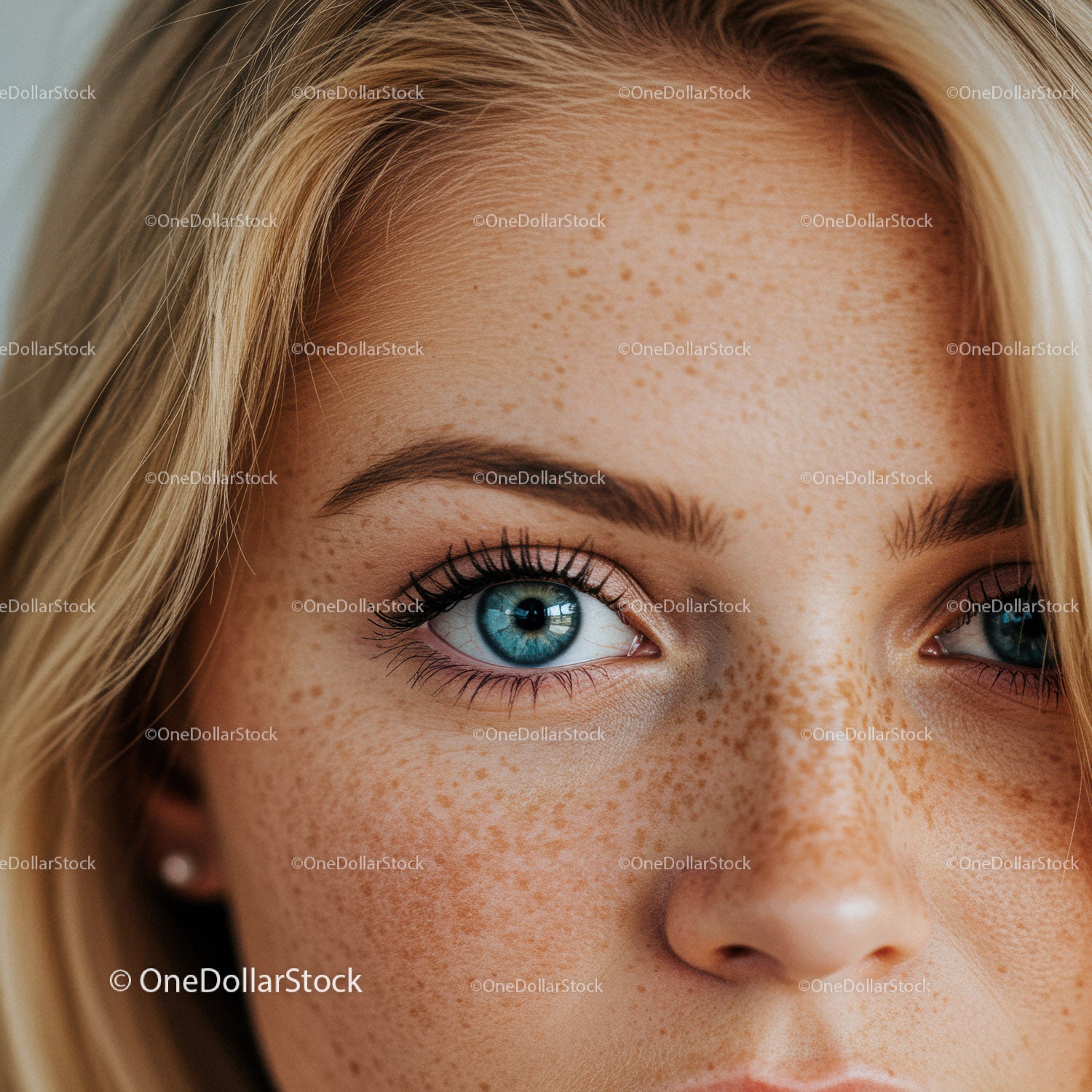 Close-up of blue eyes and natural freckles on young woman