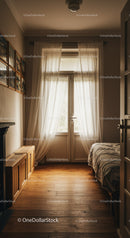 Cozy bedroom with sunlight streaming through sheer curtains