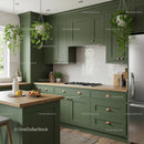 Green Kitchen Cabinets with Hanging Plants and Wooden Countertop