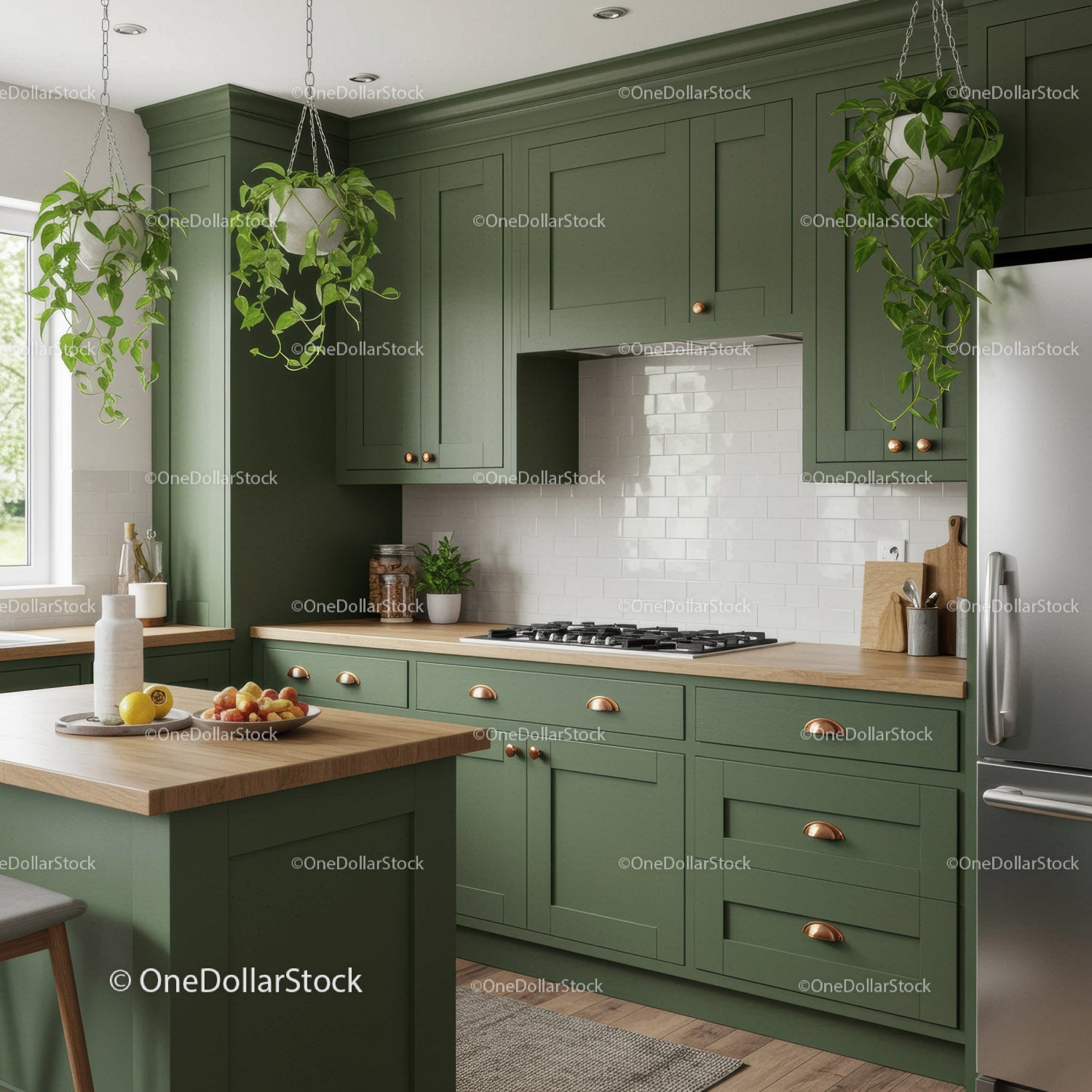 Green Kitchen Cabinets with Hanging Plants and Wooden Countertop