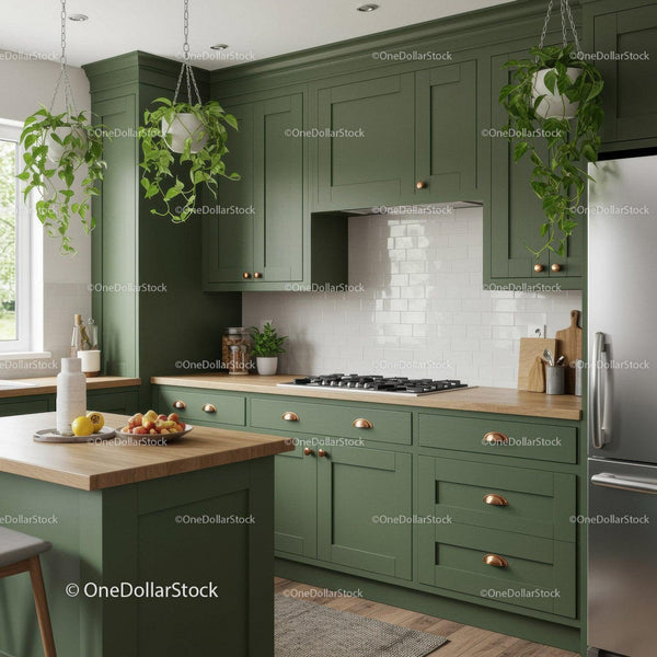 Green Kitchen Cabinets with Hanging Plants and Wooden Countertop