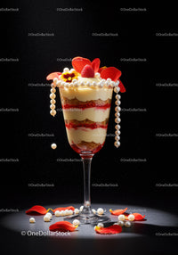 Elegant layered dessert with raspberry and flower decoration