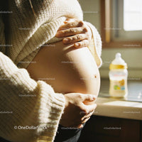 Pregnant woman gently holding her belly indoors