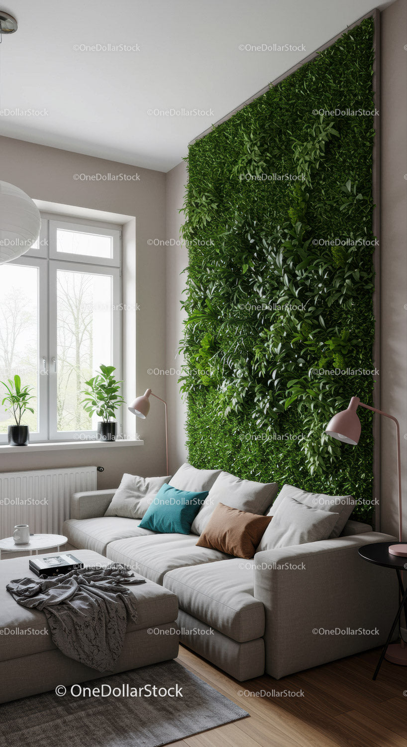 Przytulny salon z zieloną ścianą roślinną i stylową sofą