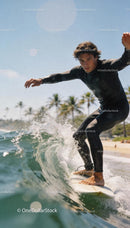 Focused surfer riding a wave near tropical beach