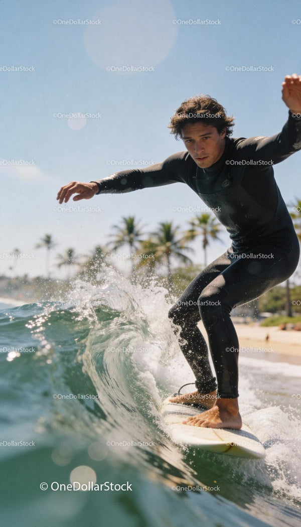 Focused surfer riding a wave near tropical beach