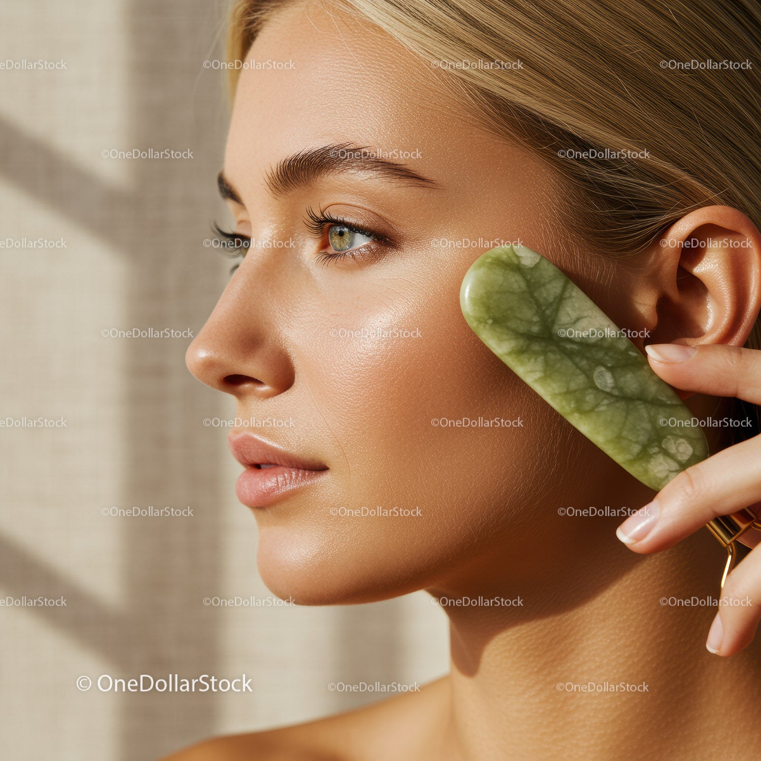 Portret kobiety z czystą cerą i zielonym liściem do spa lub salonu urody
