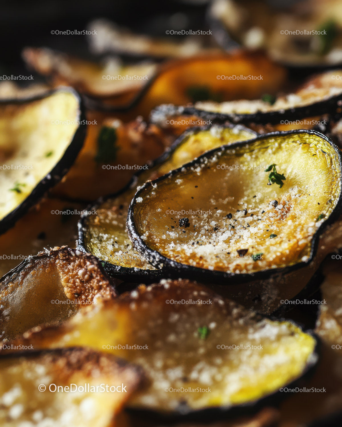 Close-Up of Roasted Eggplant Slices with Herbs and Seasoning