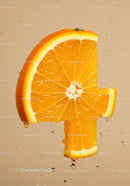 Fresh orange slice shaped as number four with water drops