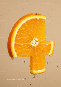 Fresh orange slice shaped as number four with water drops