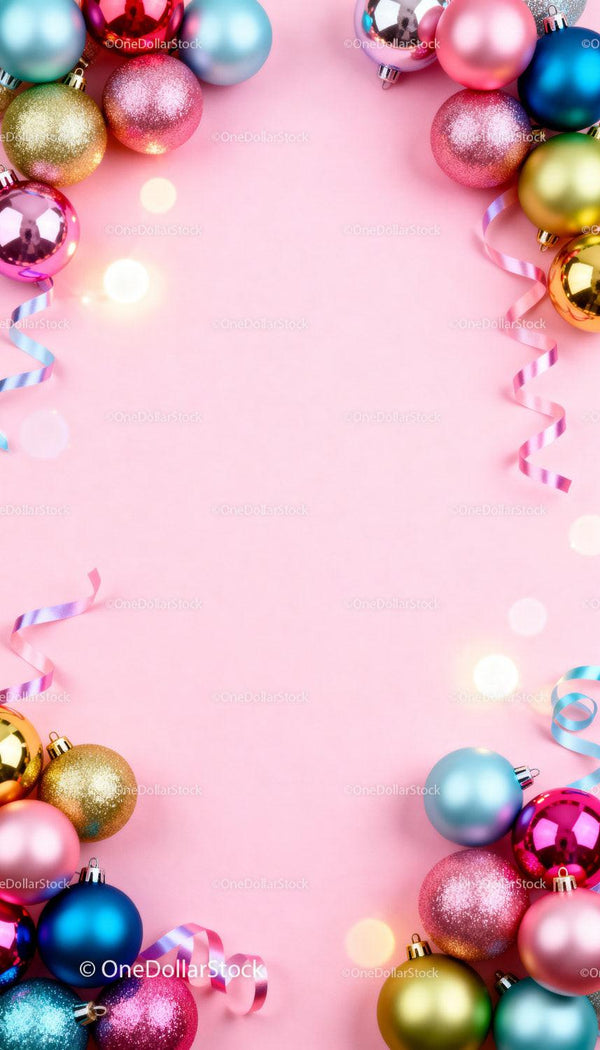 Colorful Christmas Ornaments with Ribbons on Pink Background