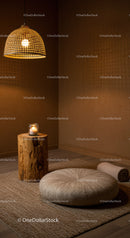 Cozy meditation corner with soft lighting and cushions