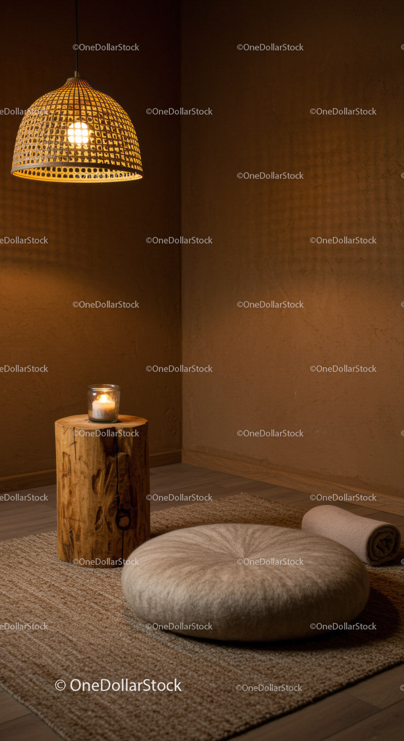 Cozy meditation corner with soft lighting and cushions