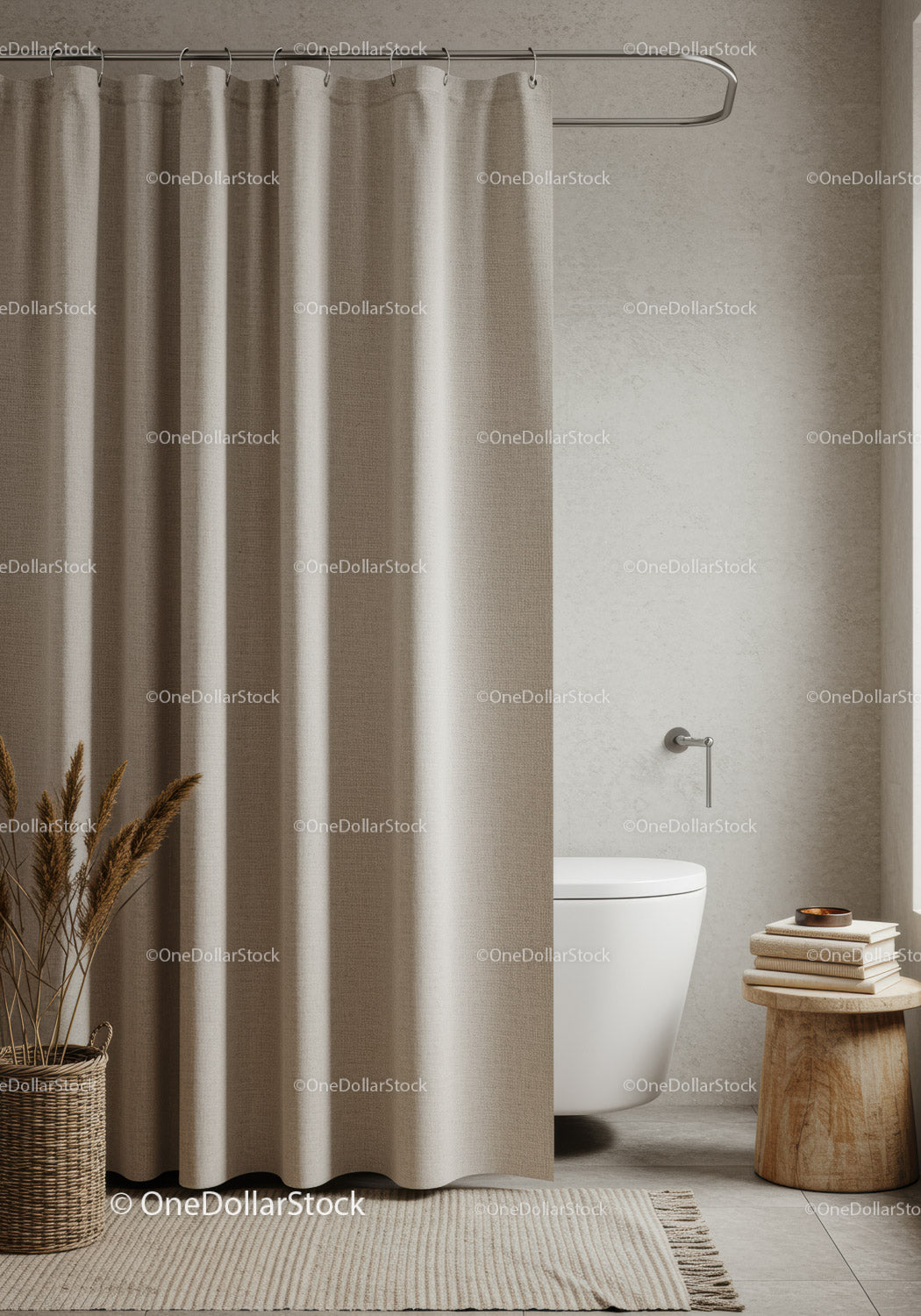 Elegant Modern Bathroom with Beige Curtains and Minimalist Decor