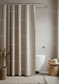 Elegant Modern Bathroom with Beige Curtains and Minimalist Decor