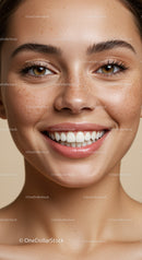 Closeup portrait of smiling young woman with freckles
