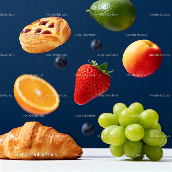 Fresh fruit and pastries floating on dark background
