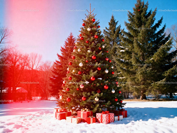 Festive Christmas tree with wrapped gifts in snowy park
