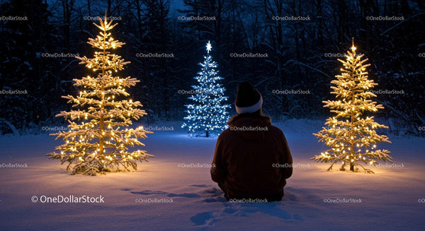 Person Reflecting by Festive Lit Christmas Trees in Snow