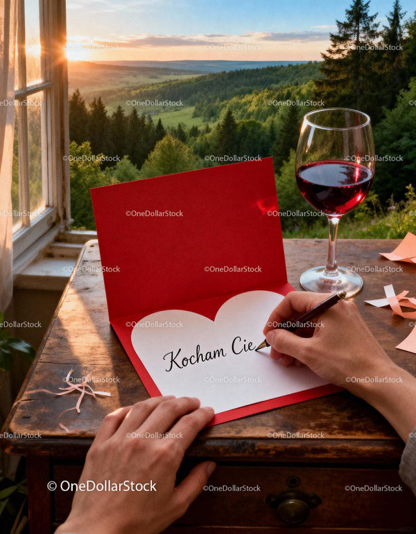 Writing a heartfelt love note by sunset with wine glass