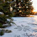 Snowflake Patterns on Ground by Decorated Pine Trees