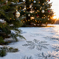 Snowflake Patterns on Ground by Decorated Pine Trees