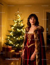 Woman in vintage velvet dress near glowing Christmas tree