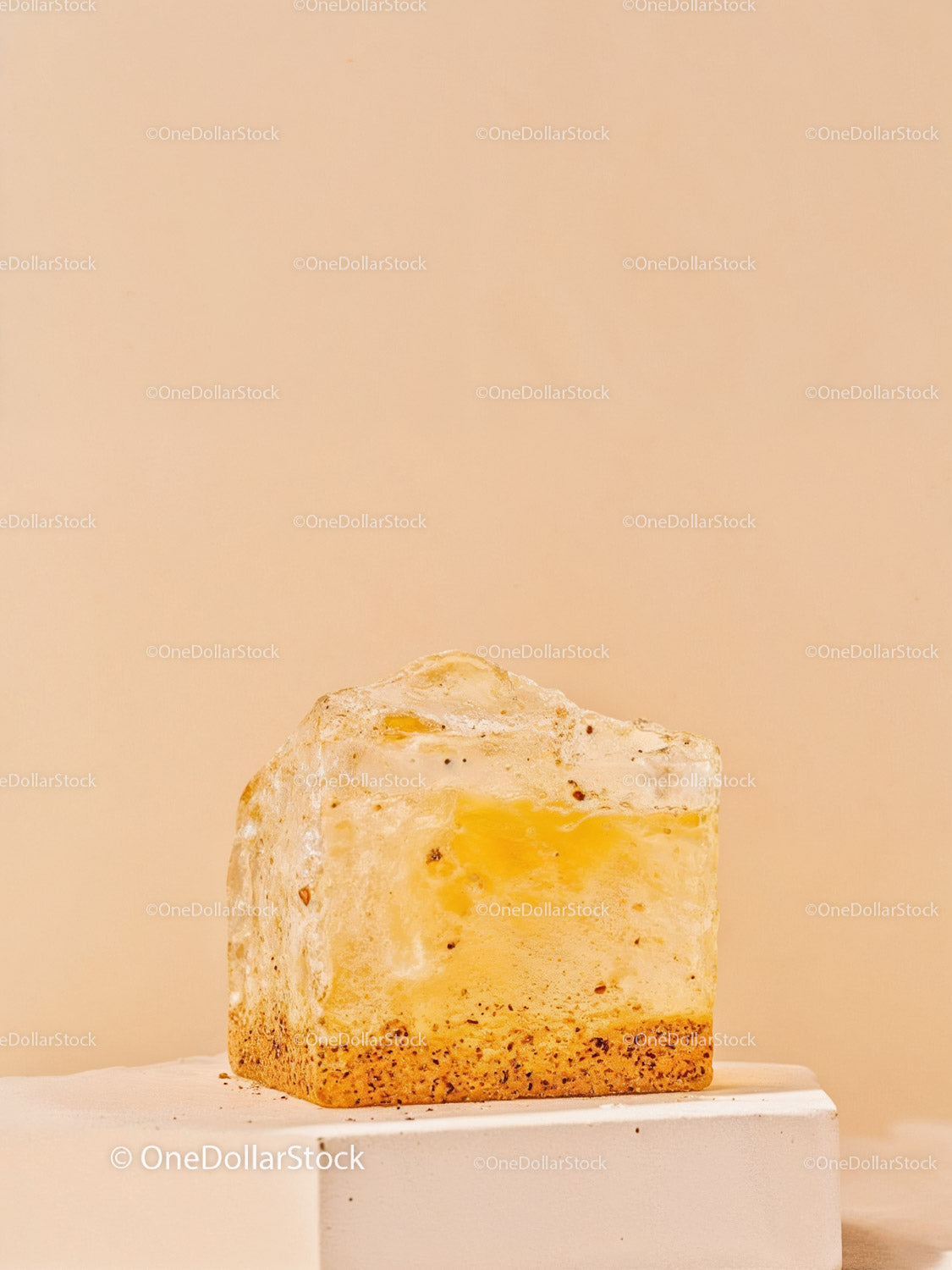 Transparent amber resin cube with organic inclusions