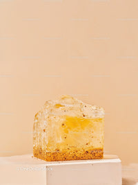 Transparent amber resin cube with organic inclusions