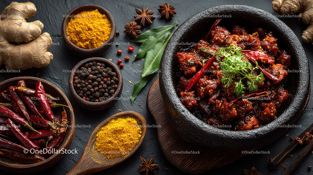 Spicy Asian Beef Stew with Rice and Fresh Herbs in a Black Stone Bowl