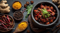 Spicy Asian Beef Stew with Rice and Fresh Herbs in a Black Stone Bowl