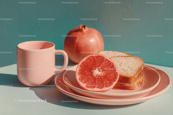 Sliced Grapefruit and Bread on Pink Plate with Pomegranate Scene