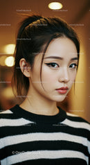 Stylish Young Woman with Winged Eyeliner and Striped Sweater