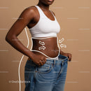 Slim Woman Measuring Waist in Stylish Blue Jeans and Fitness Top