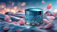 Elegant Glass Jar of Skincare with Pink Petals on Soft Fabric