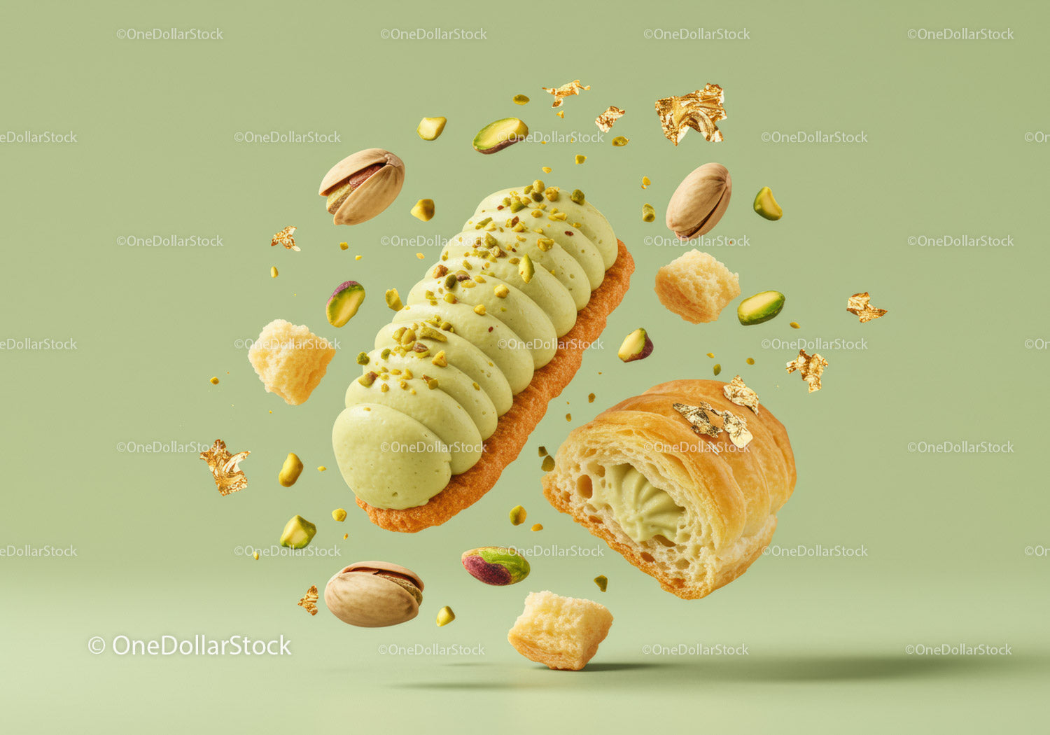 Pistachio Cream Pastry with Floating Nuts and Crumbs