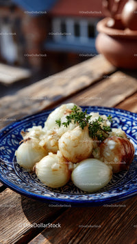 Fresh Onion and Garlic on Blue Decorative Plate for Culinary Uses