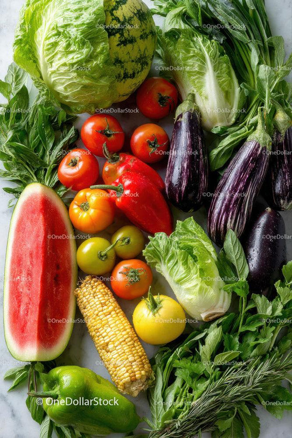 Colorful Assortment of Fresh Vegetables and Fruits for Healthy Eating Stock Photo Bundle (36 JPG Files)
