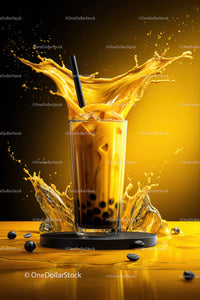 Vibrant Bubble Tea with Splashing Yellow Liquid and Tapioca Pearls