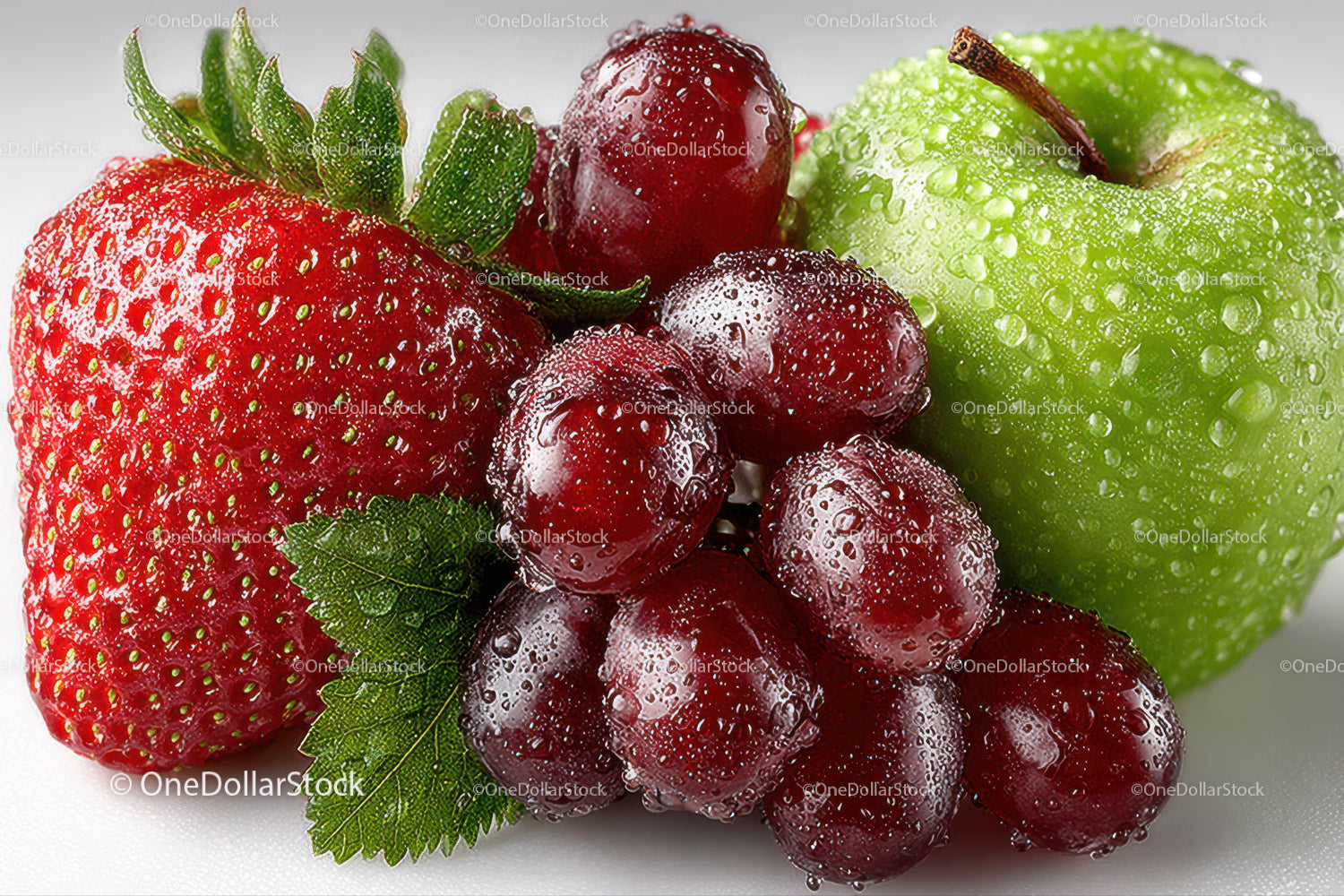 Fresh Mixed Berries and Green Apple with Water Droplets