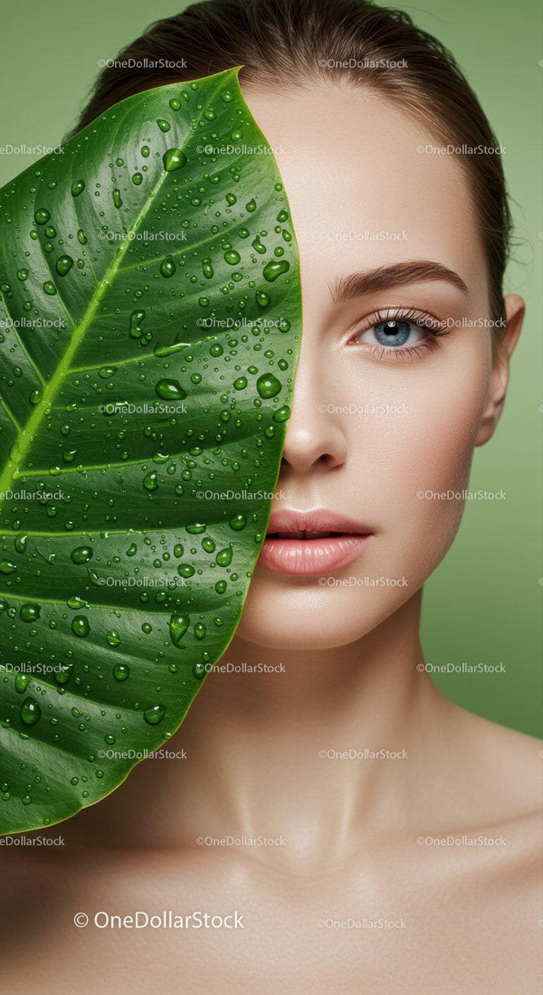 Portrait of a Woman with a Green Leaf Covering Half Face and Water Droplets