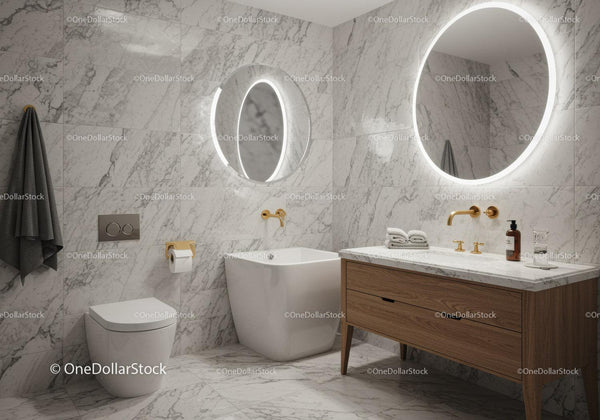 Luxury Modern Bathroom with Marble Tiles and Gold Fixtures