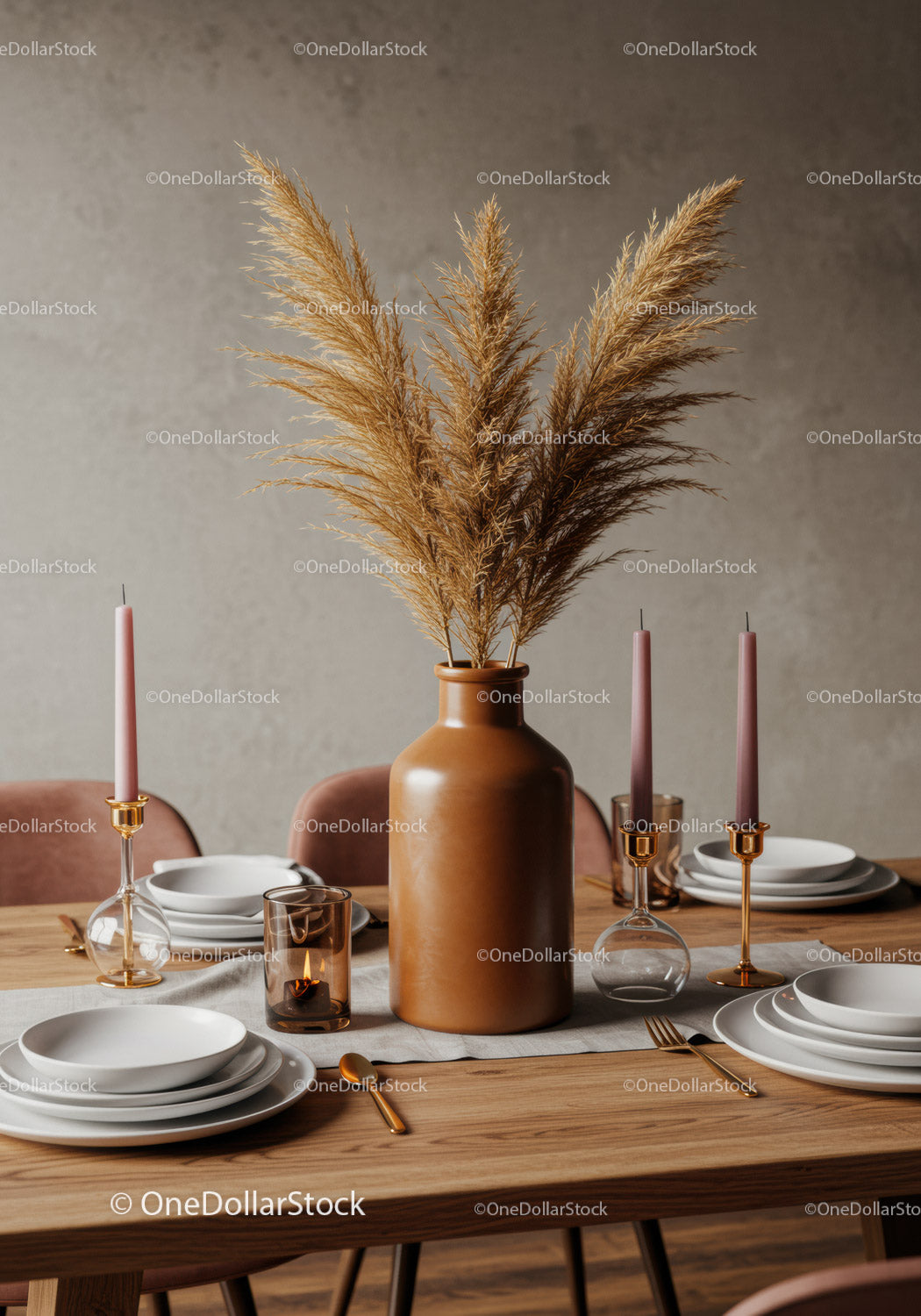 Elegant Modern Dining Table with Pampas Grass and Chic Decor