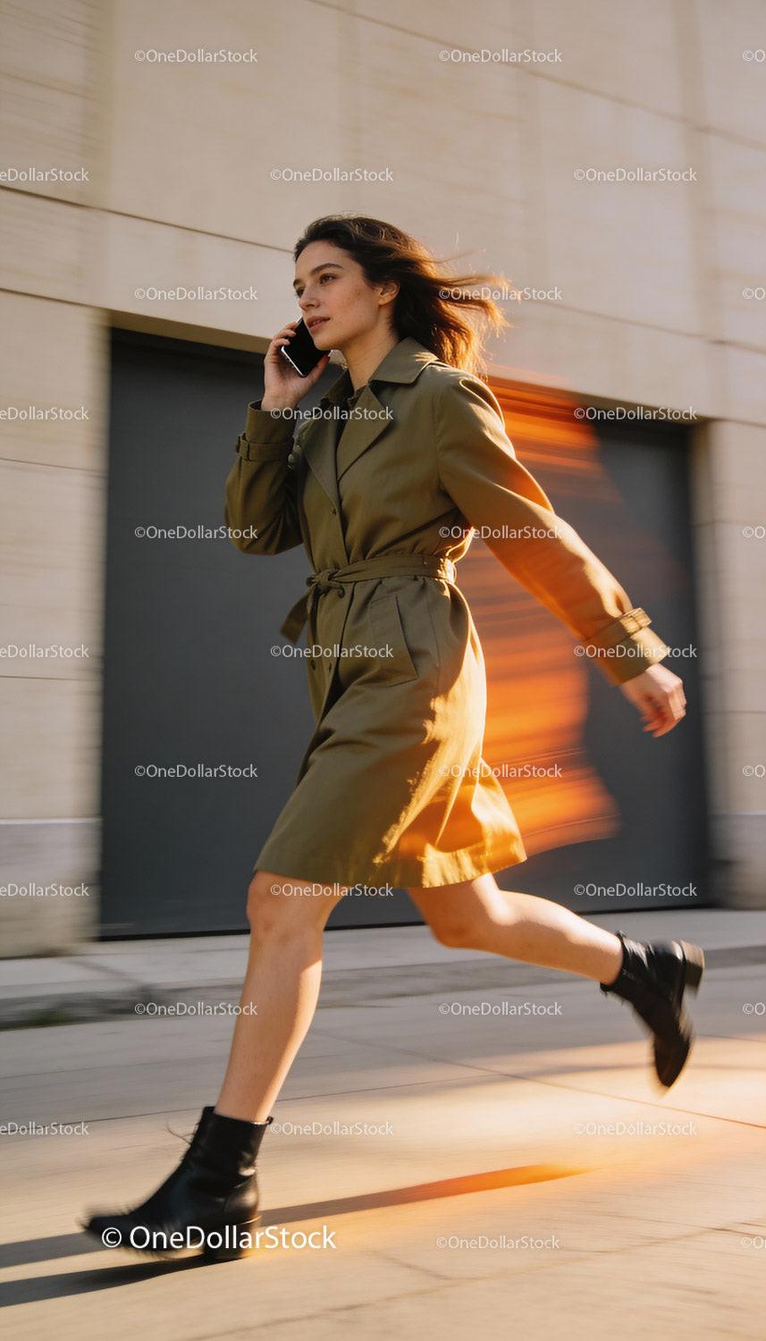 Woman in trench coat walking and talking on phone