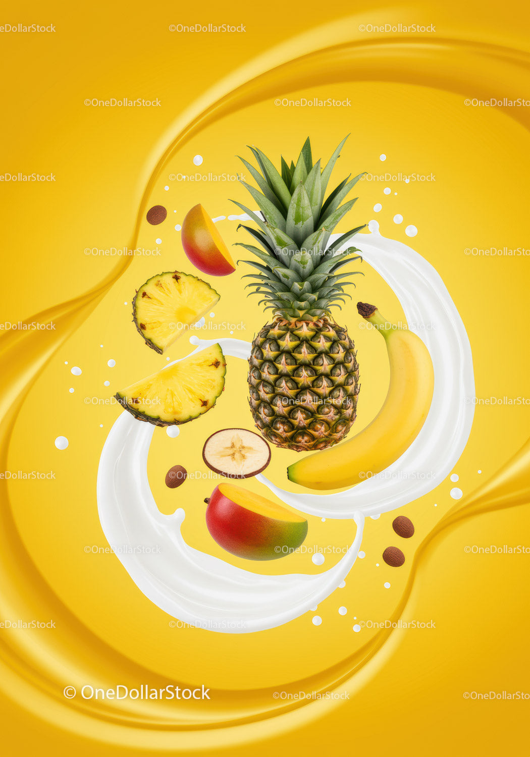 Fresh tropical fruits with milk splash on yellow background
