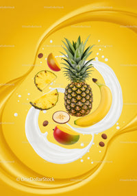 Fresh tropical fruits with milk splash on yellow background
