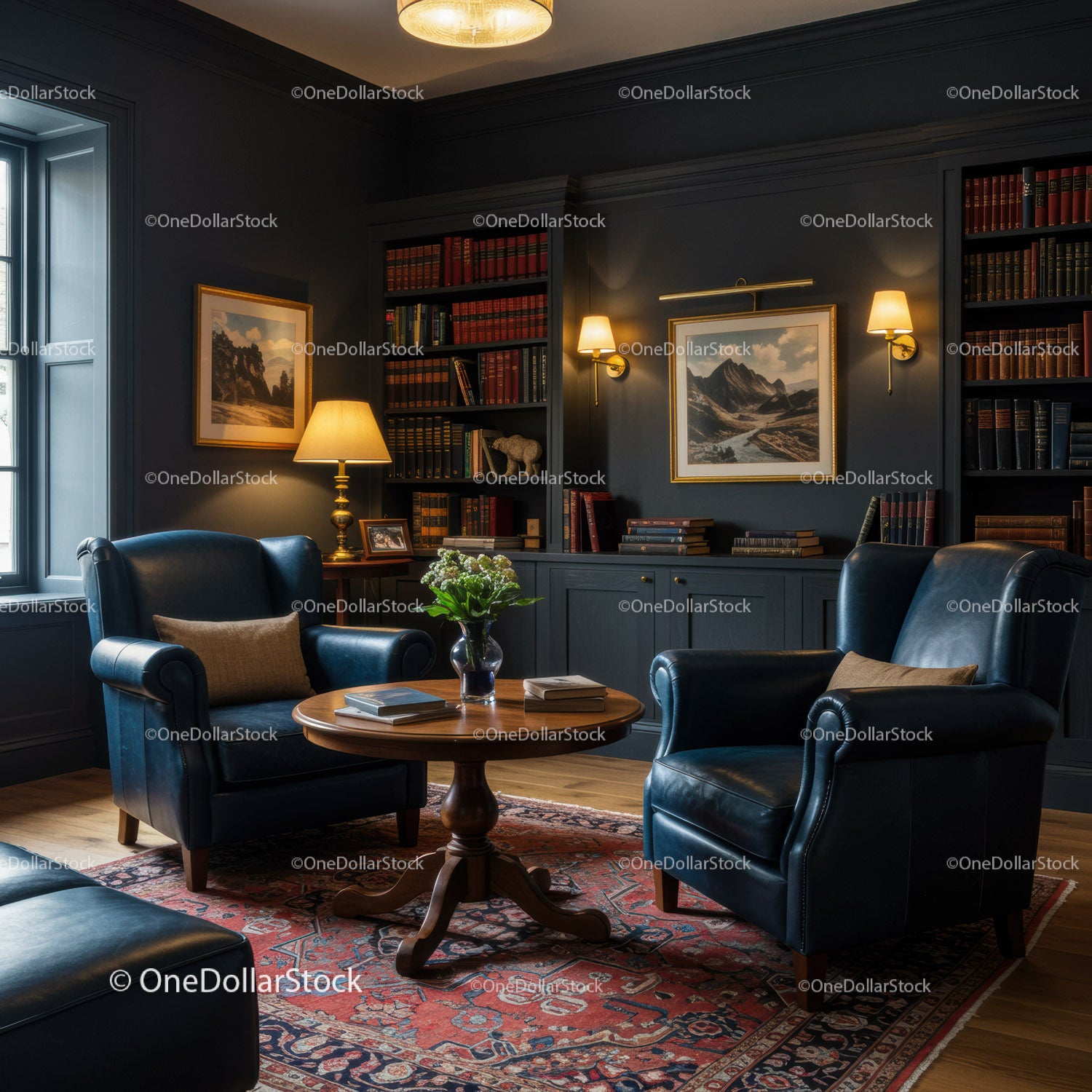 Cozy Library Corner with Leather Chairs and Wooden Table