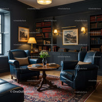 Cozy Library Corner with Leather Chairs and Wooden Table
